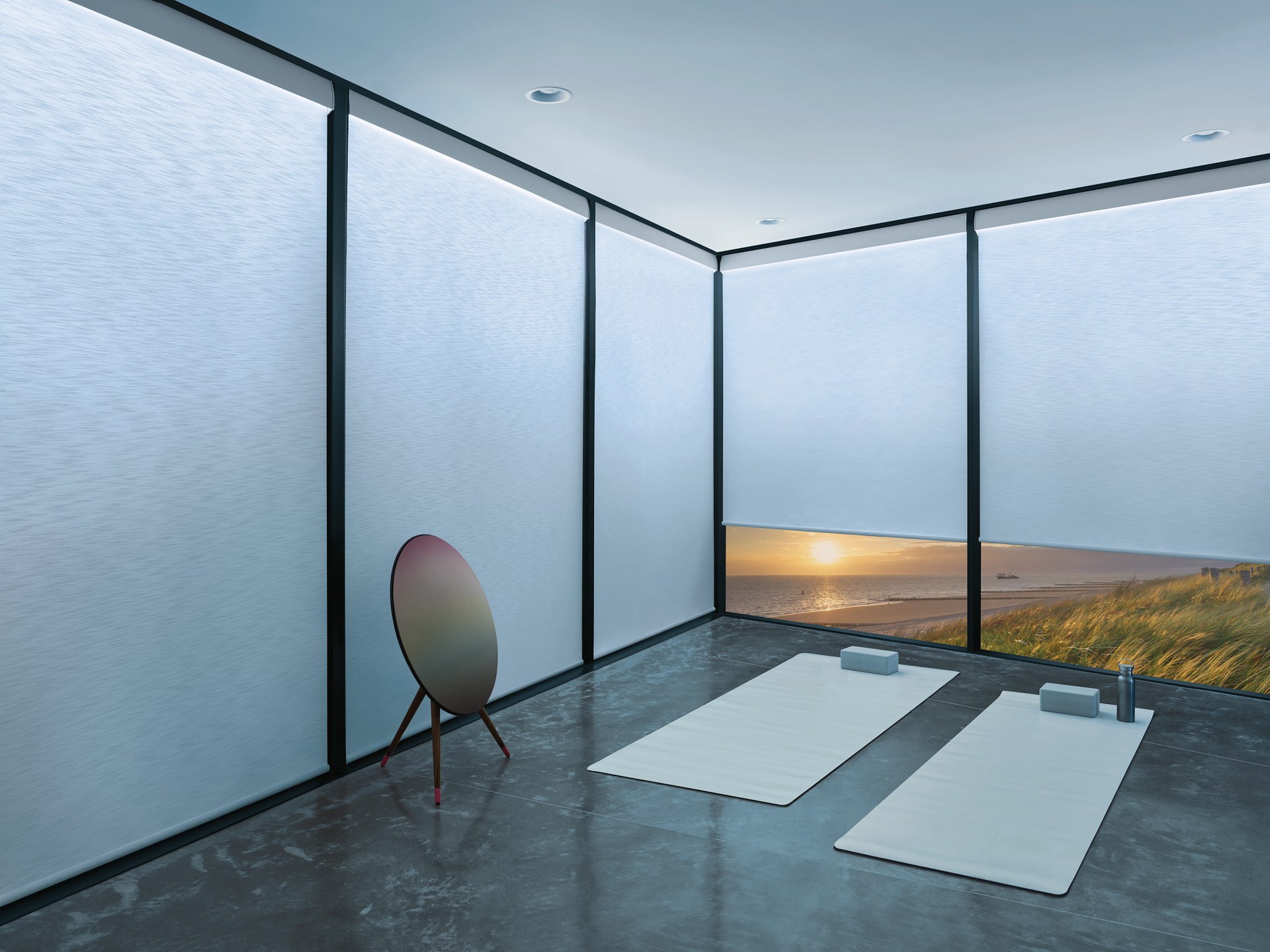Workout room with cool Aura® Illuminated Shades