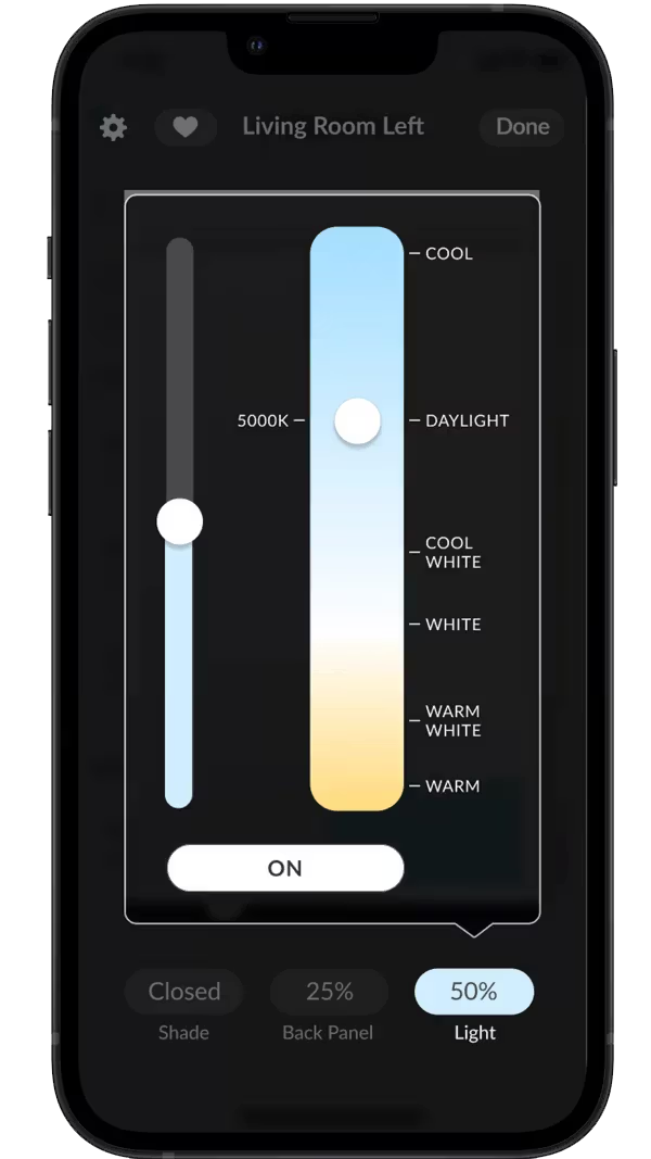 Smartphone app interface to control smart lights. Color and brightness sliders, 'On' button.