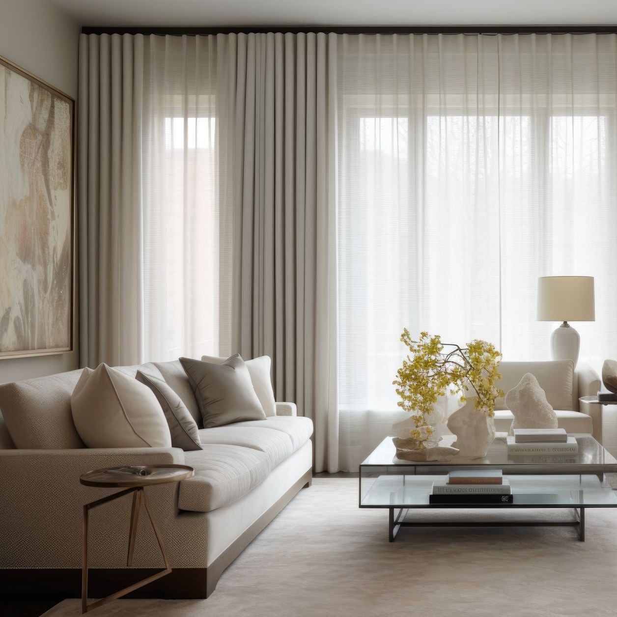 Living room with neutral-colored sofa, curtains, and artwork. A glass coffee table with books and vases sits in front.