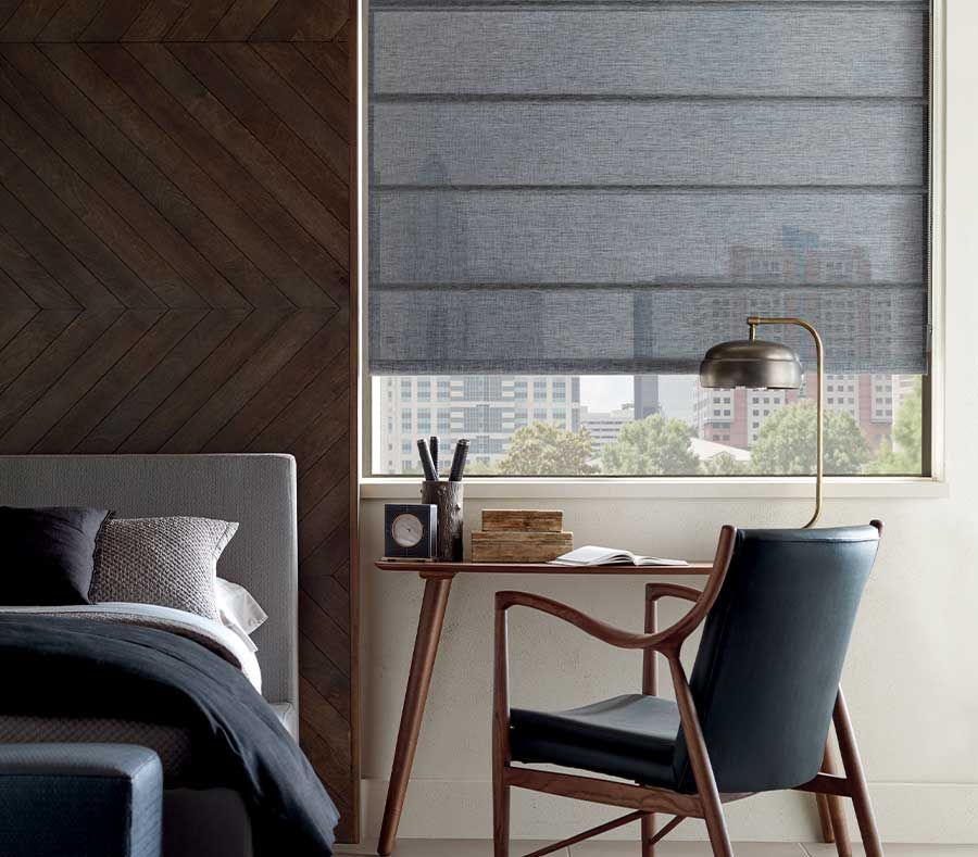 Hunter Douglas Alustra® Architectural Roller Shades in a bedroom near Burlingame, Los Altos, Menlo Park, and San Carlos, California (CA)