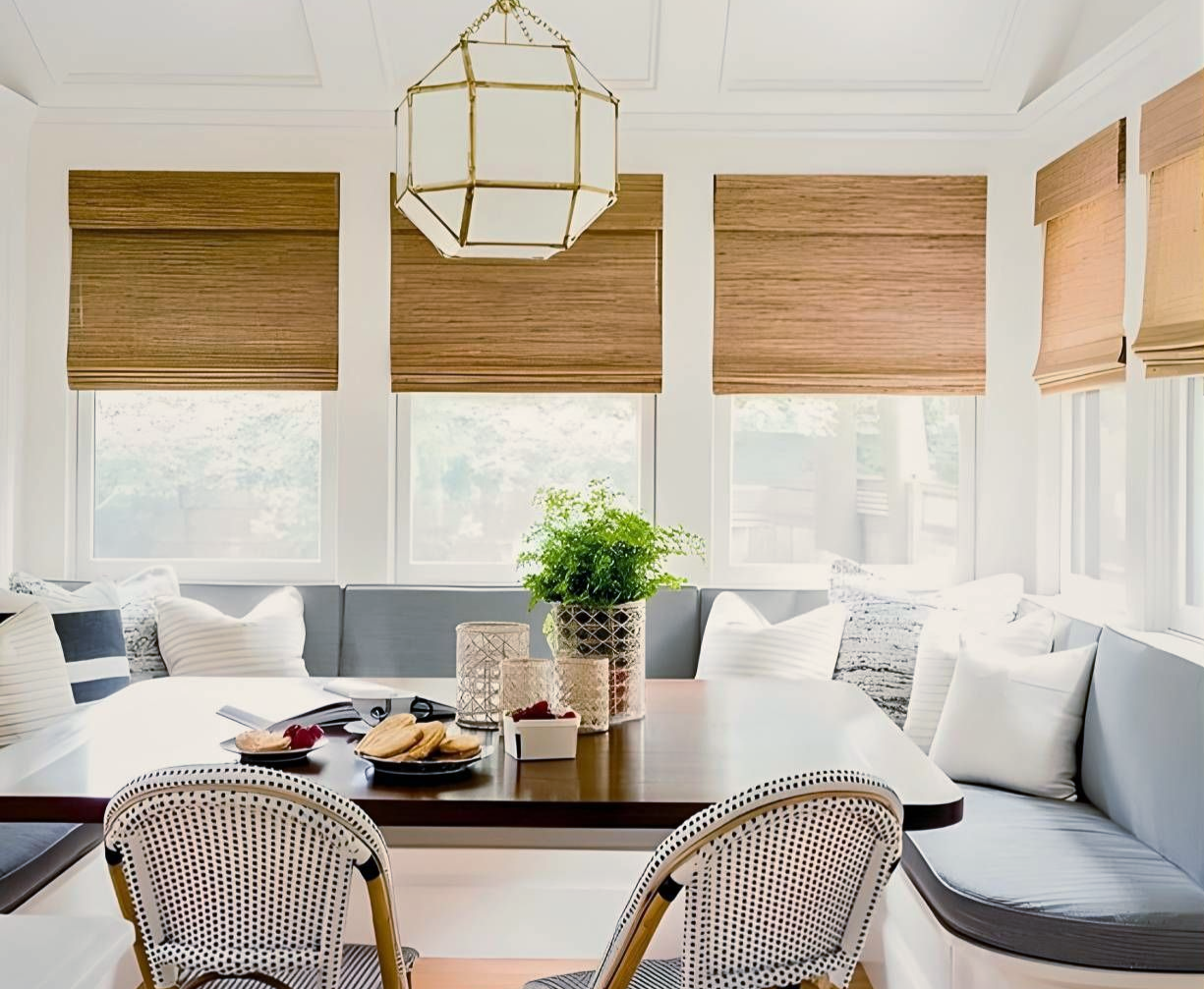 Hunter Douglas Provenance® Woven Wood Shades in a dining room near Burlingame, California (CA)