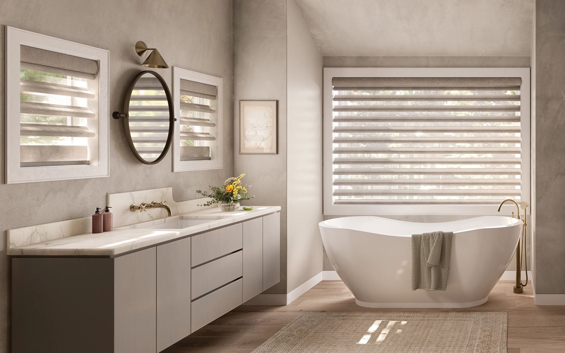 Hunter Douglas Pirouette® Sheer Shades in a bathroom near Burlingame, Los Altos, Menlo Park, and San Carlos, California (CA)
