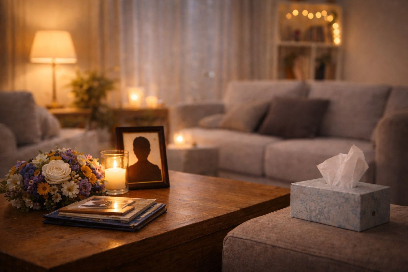 A cozy living room memorial with candles, flowers, and a framed photo creates a comforting space for remembrance, reflecting the simplicity of direct cremation in Bernalillo, NM
