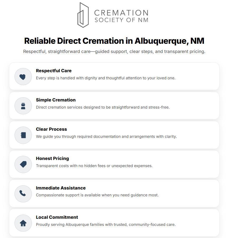 Infographic highlighting reliable direct cremation Albuquerque, NM services with respectful care, simple process, honest pricing, and local support.