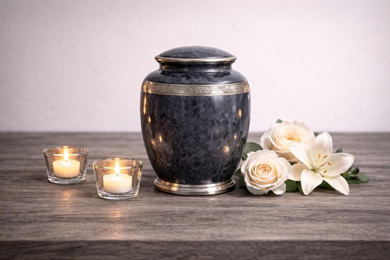 Decorative marble cremation urn with silver accents beside lit candles and white roses, representing compassionate direct cremation Albuquerque, NM services.