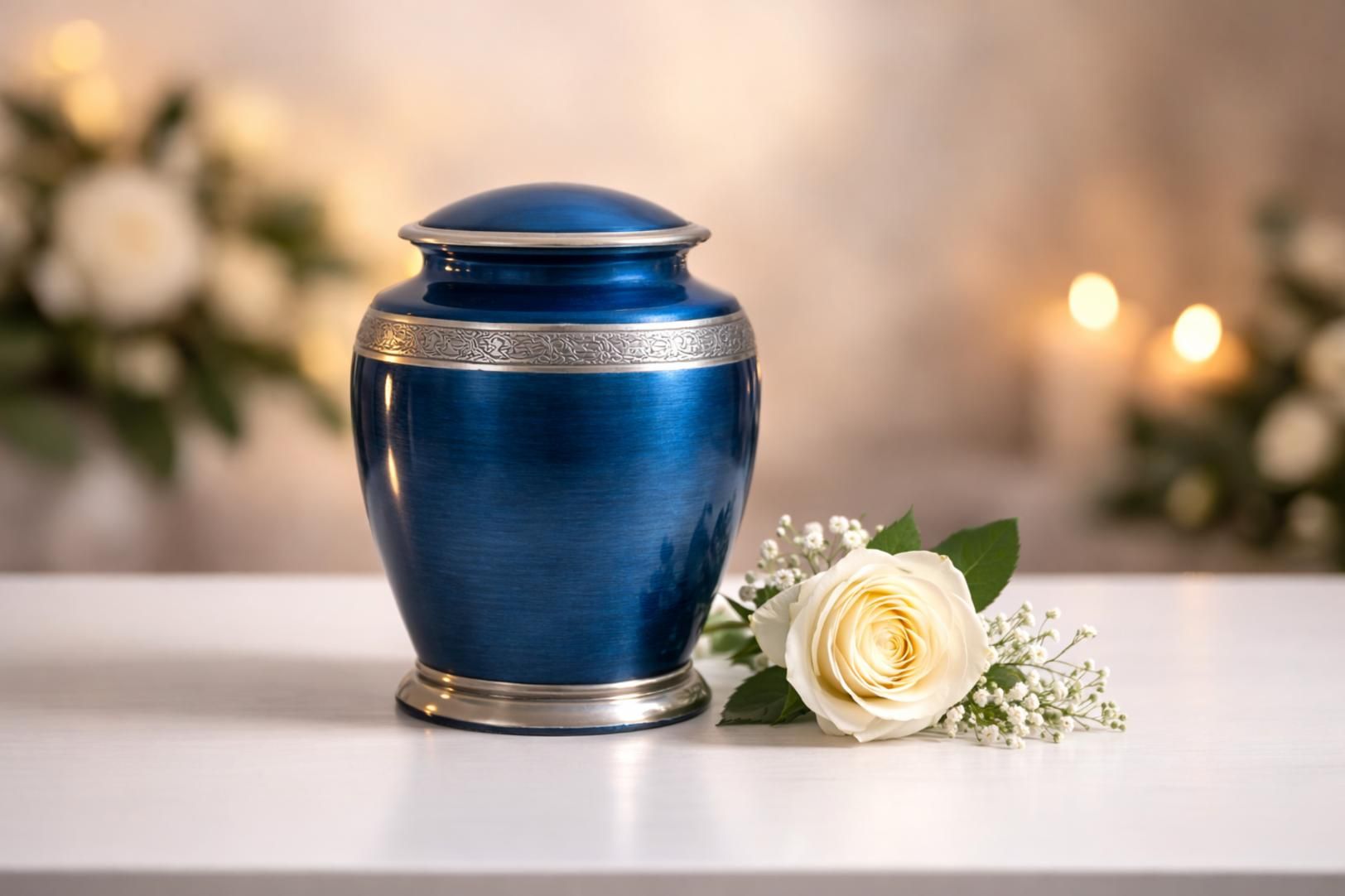 Blue memorial urn with white rose and soft candlelight, representing direct cremation Bernalillo, NM services.