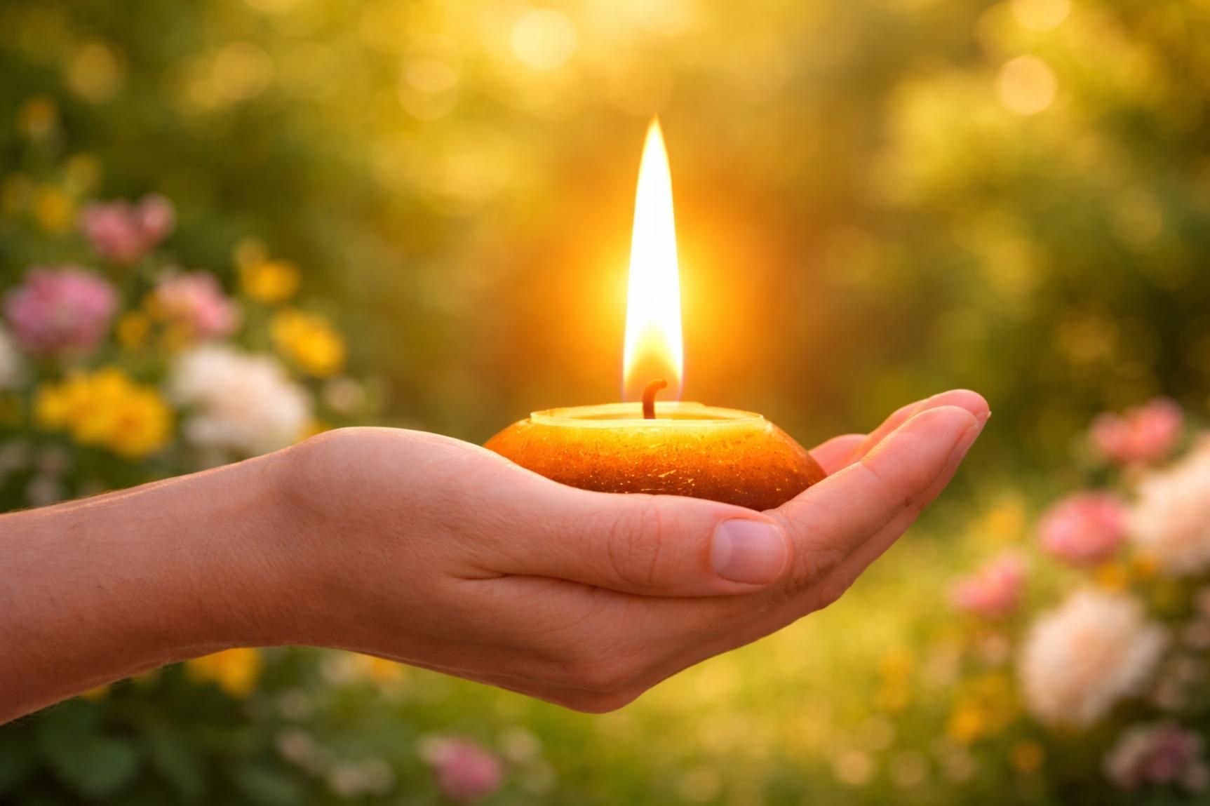 Hand holding a lit candle in a peaceful garden setting, symbolizing remembrance and hope with direct cremation Bernalillo, NM services.