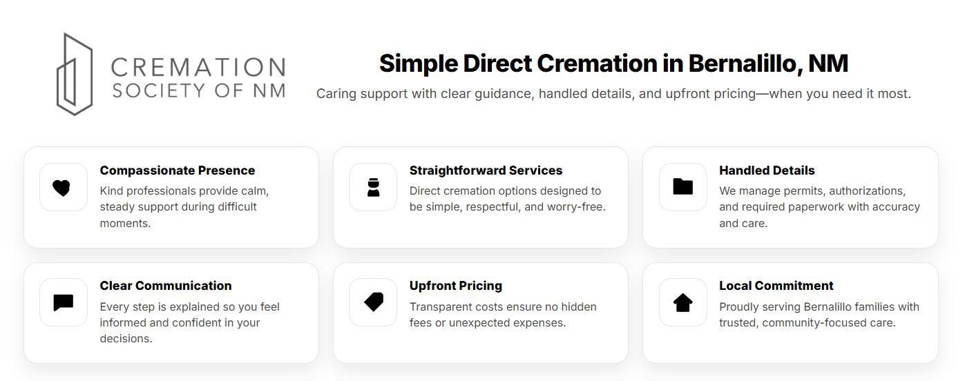 Infographic outlining simple direct cremation Bernalillo, NM services, highlighting compassionate support, clear communication, handled details, upfront pricing, and local commitment.