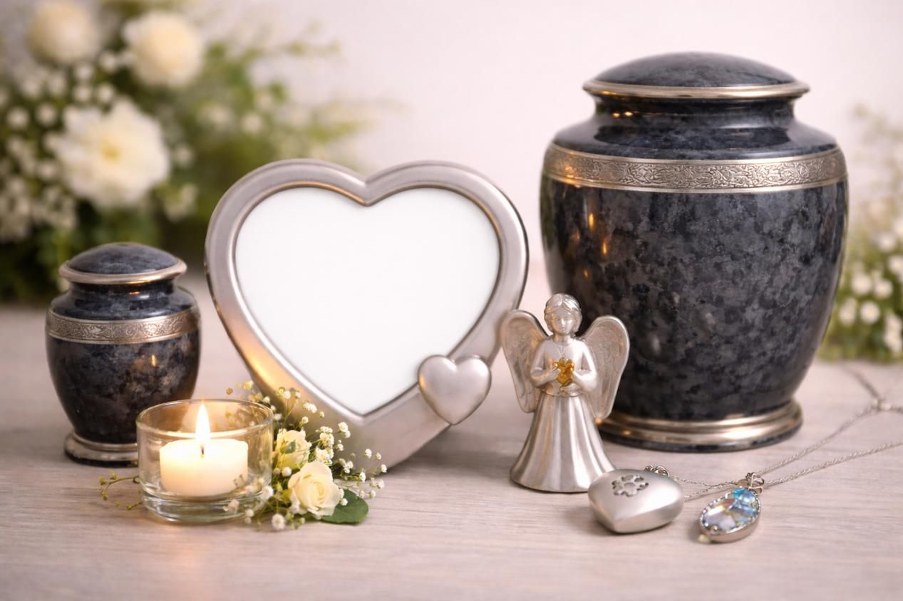 Memorial display with urns, candle, and angel figurine symbolizing direct cremation Bernalillo, NM services.
