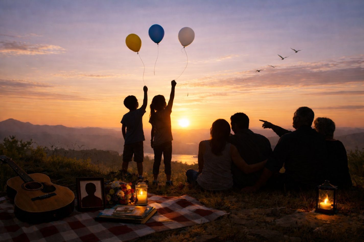 A family gathers at sunset to release balloons in Albuquerque, NM