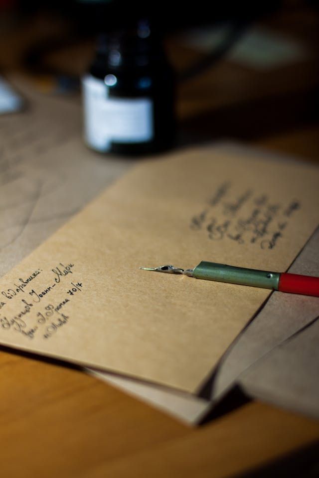 Pen rests on handwritten letters beside an ink bottle with direct cremation in Rio Rancho, NM