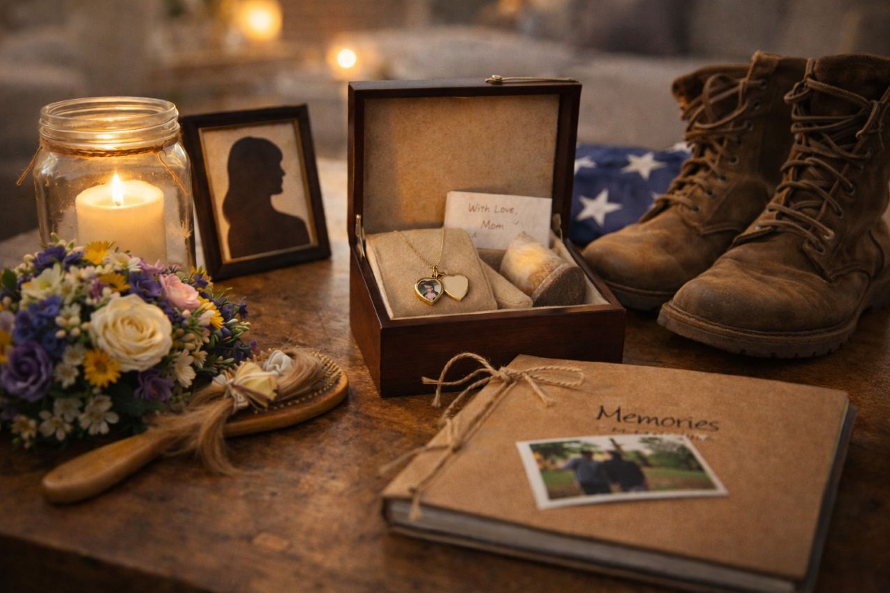 A warm memorial arrangement of candles, flowers, keepsakes, and a memory book