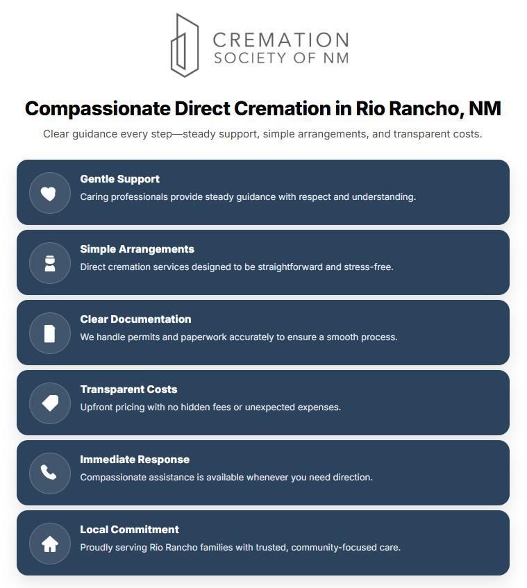 Infographic highlighting compassionate direct cremation Rio Rancho, NM services with simple arrangements, transparent costs, and local support.