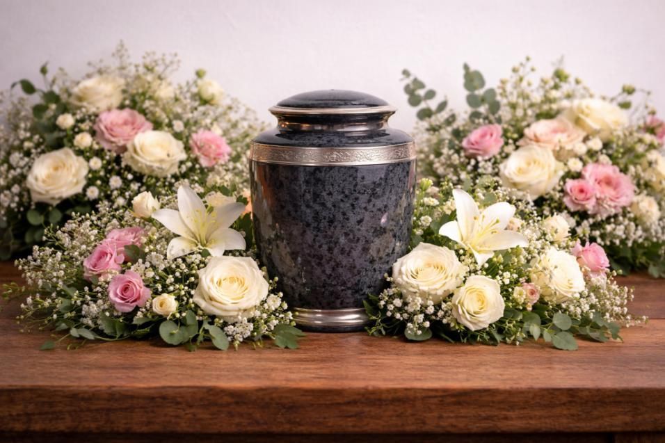Marble cremation urn surrounded by white lilies and pink roses on a wooden table, representing compassionate direct cremation Rio Rancho, NM services.