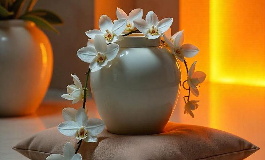 white urn with white flowers on top, direct cremation albuquerque, nm