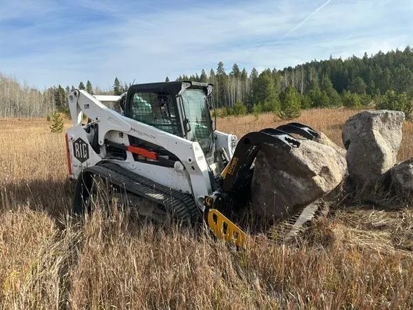Bobcat loader pushing large boulders in a dry field with trees in the background