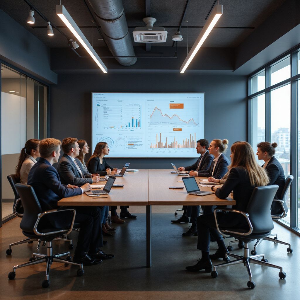 Business meeting in progress. People seated around a table, looking at a screen with graphs in a modern office.