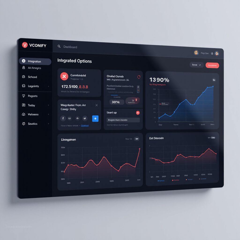 Dark-themed dashboard displaying data visualizations: charts, graphs, and numerical indicators.