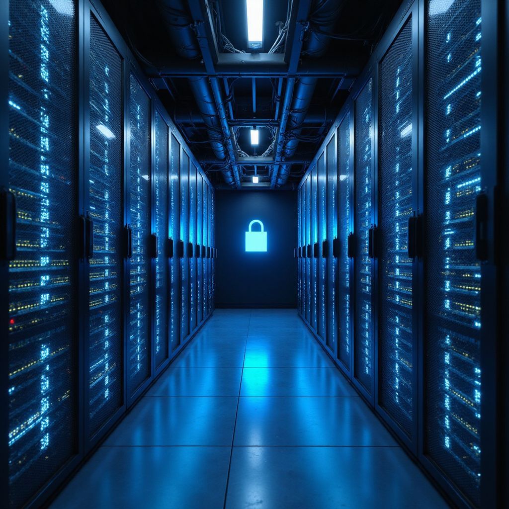 Server room with rows of glowing blue server racks; a glowing blue padlock on the back wall.