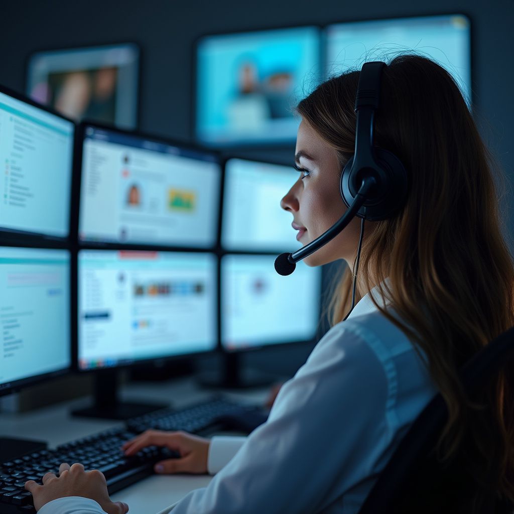 Woman wearing headset, working at computer with multiple screens in a dark office.