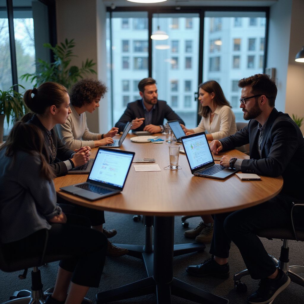 People in business attire at a conference table, using laptops. Office setting with windows.