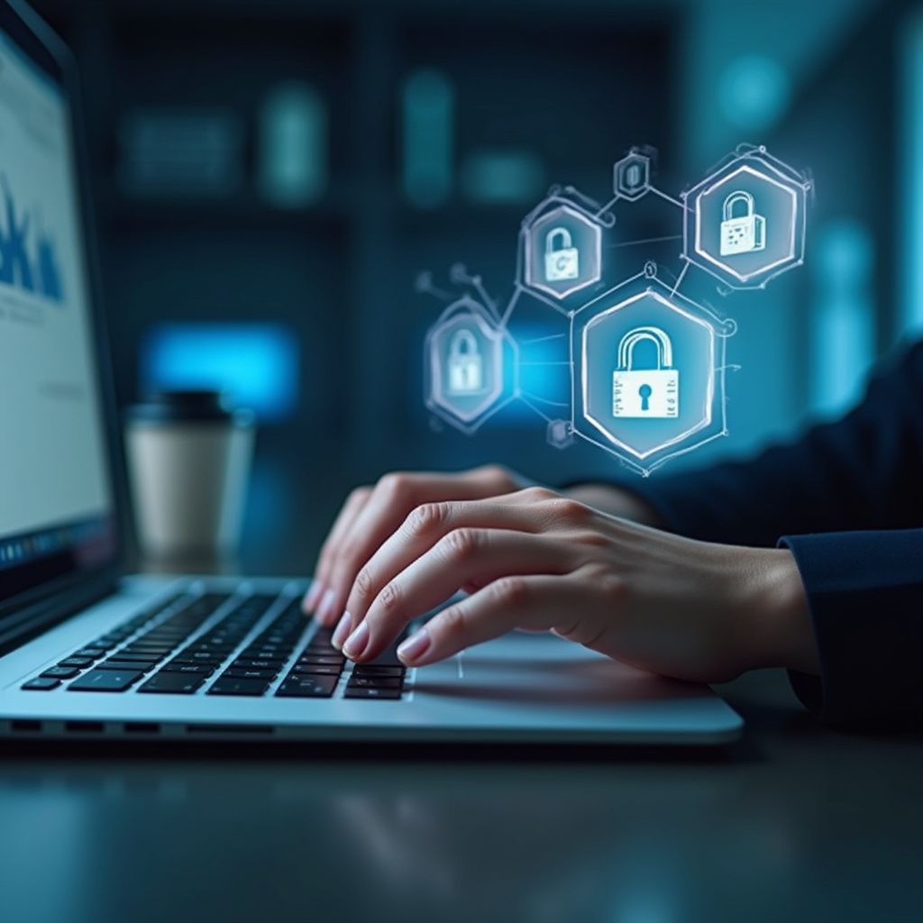 Person typing on laptop, blue glowing security icons overhead, suggesting cybersecurity focus.