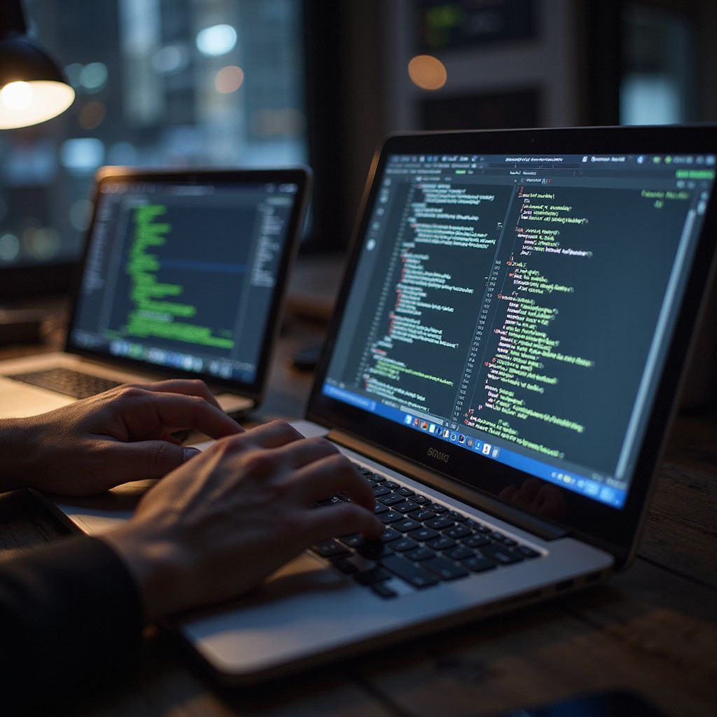 Person typing code on a laptop with another laptop displaying code in a dimly lit room.