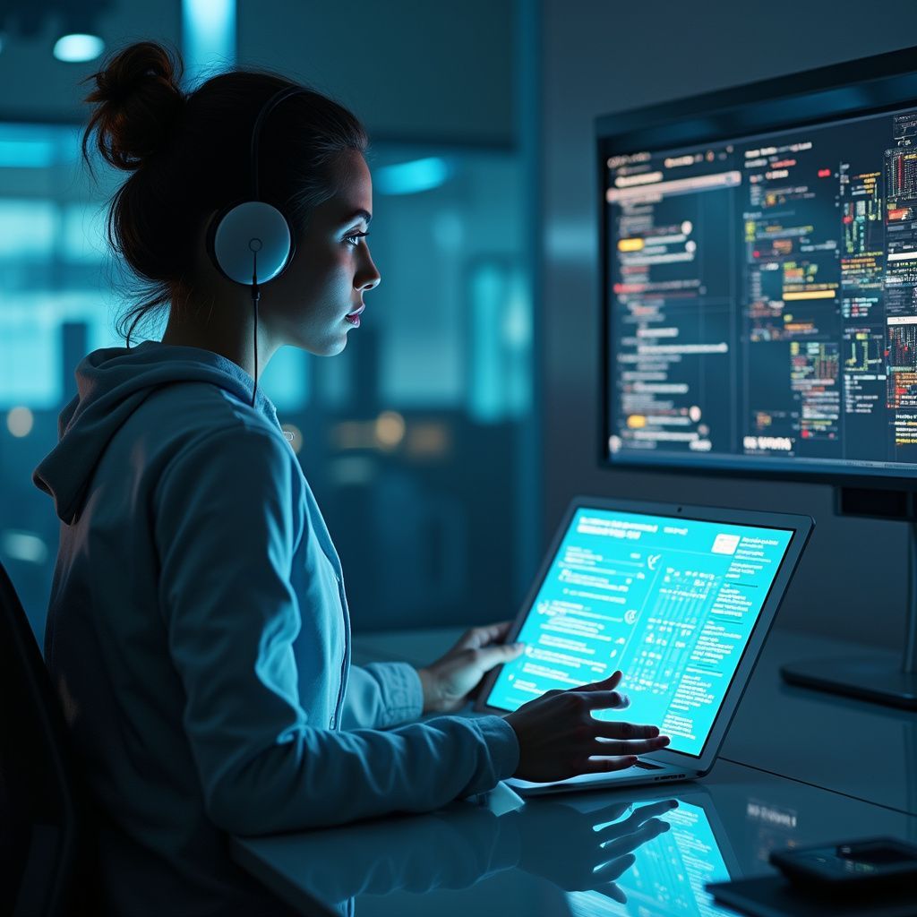 Woman coding, wearing headphones, focused on laptop and monitor in a dimly lit office.