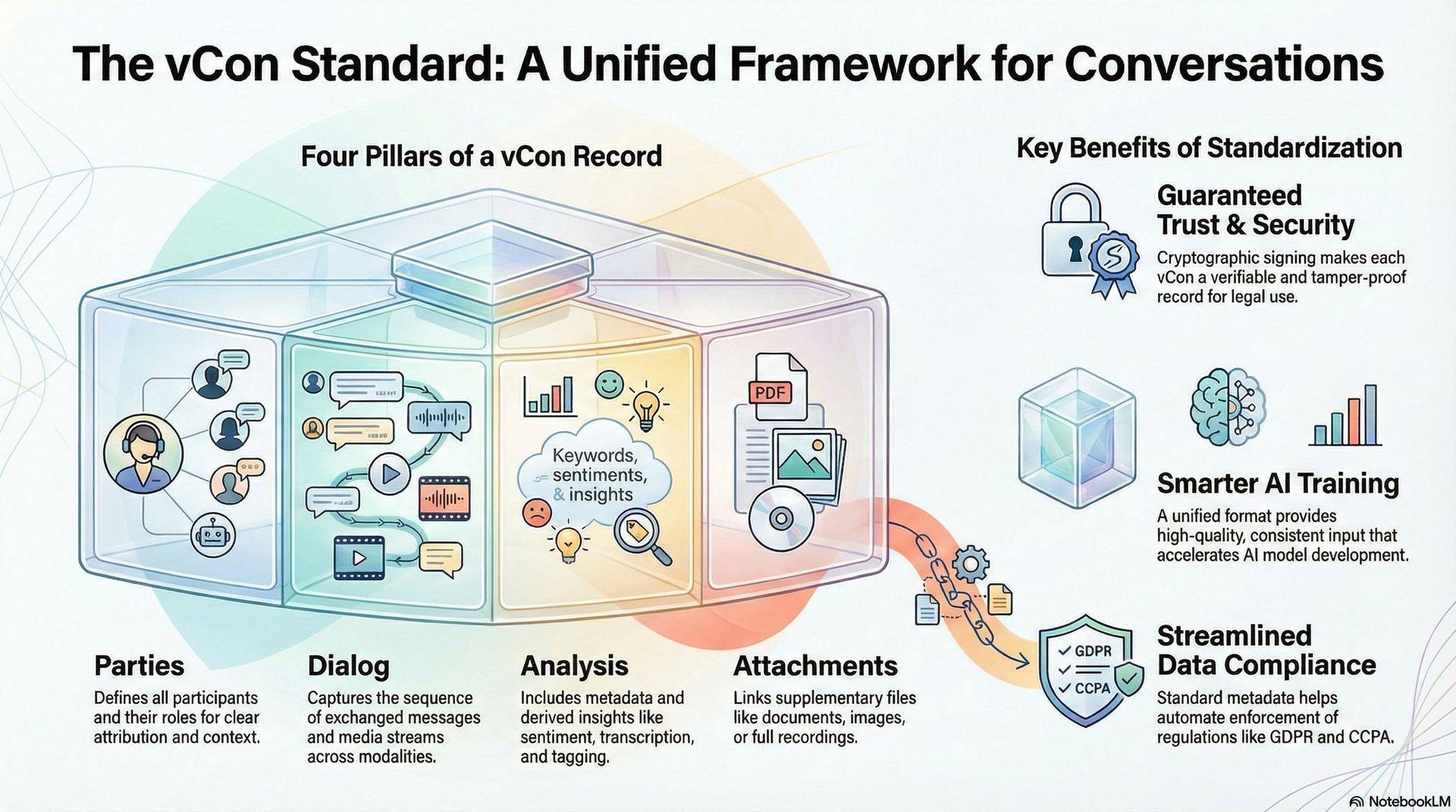 Infographic: vCon Standard unified framework. Four Pillars of a vCon: Parties, dialog, analysis, and attachments. Benefits: Trust, AI, Compliance.