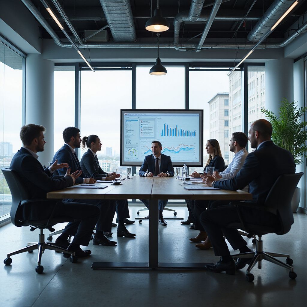 Business meeting: Group in suits around a table with a screen showing charts. Modern office with large windows.
