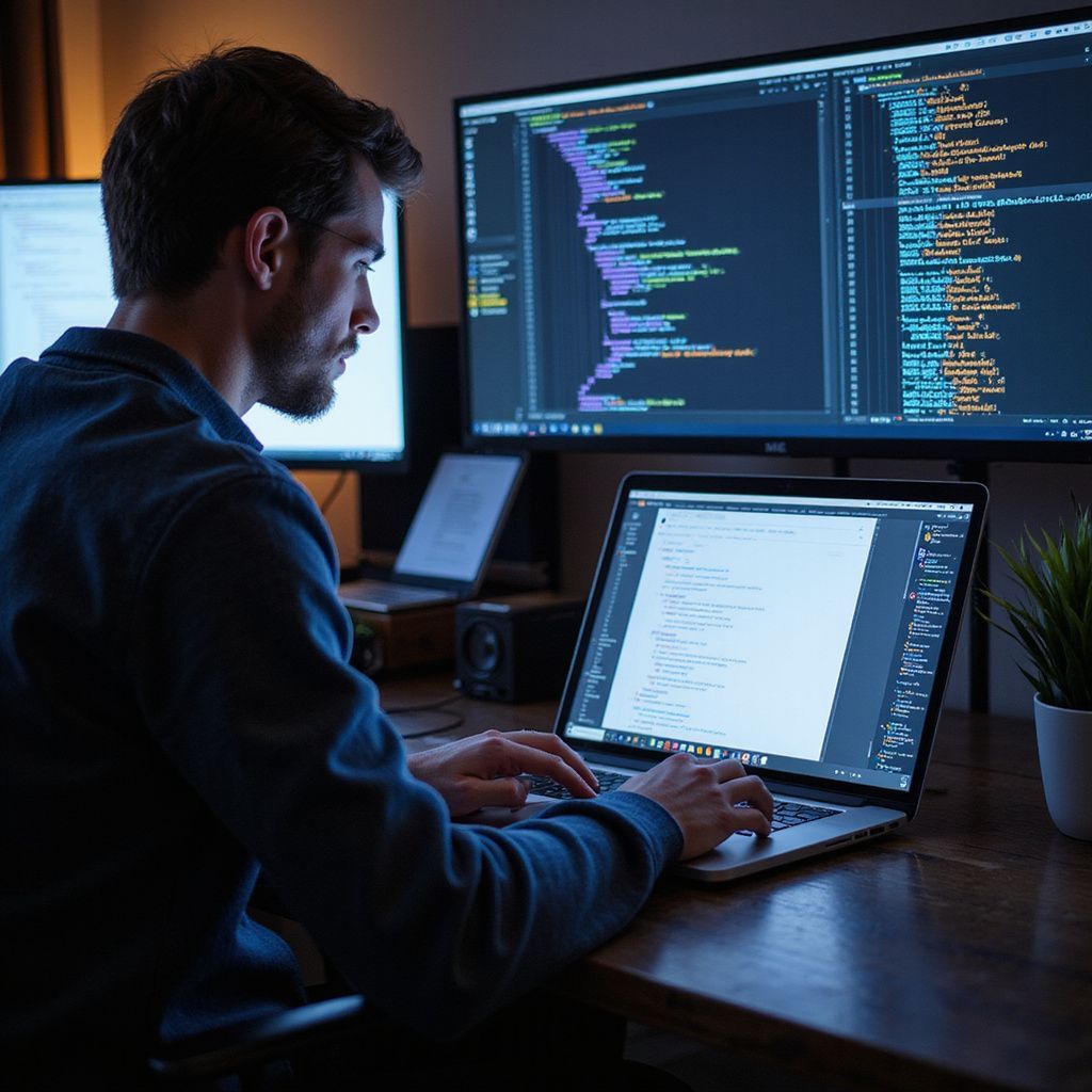 A person coding on a laptop, with two computer monitors displaying code in a dimly lit room.