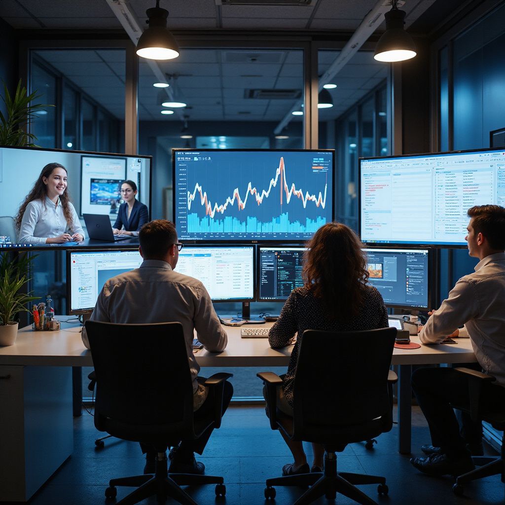 People in a dimly lit office monitor stock charts and video call.