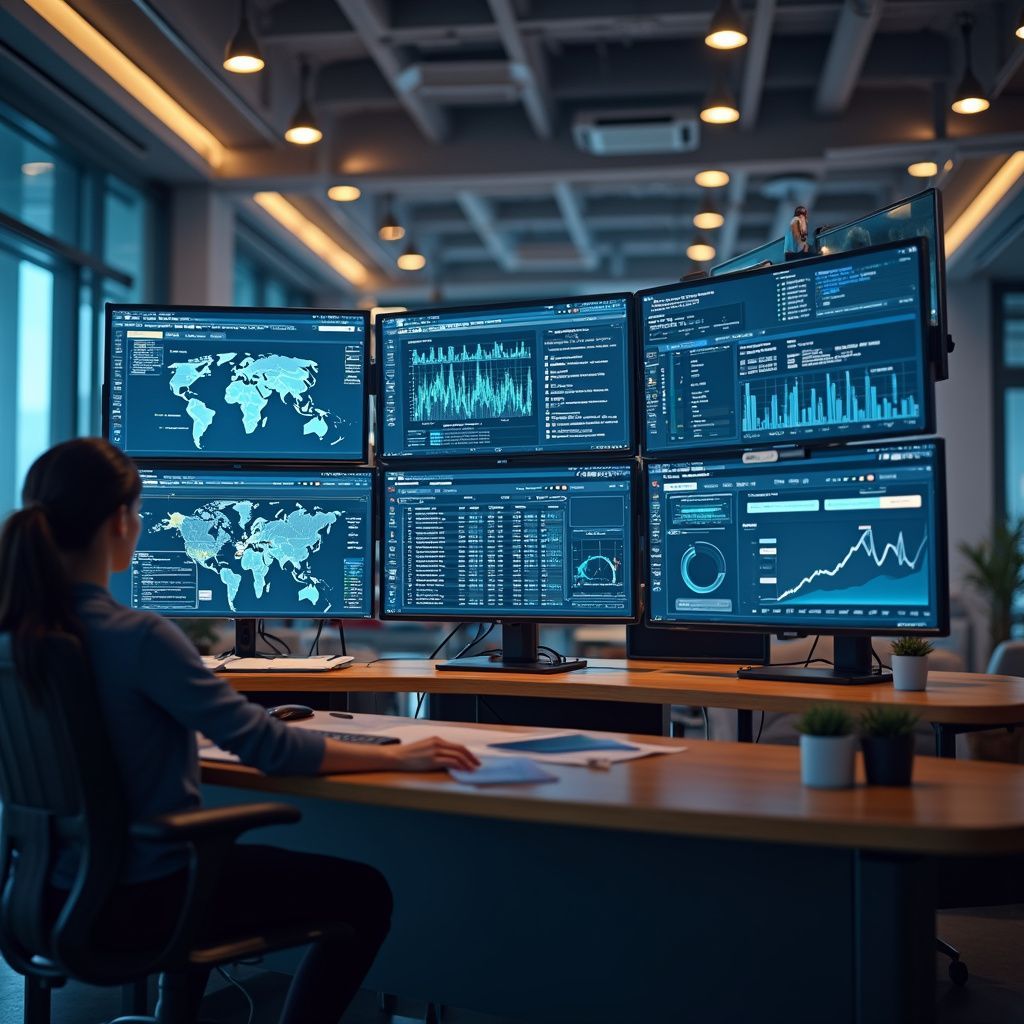 Woman at desk monitors data on six screens in a modern office.