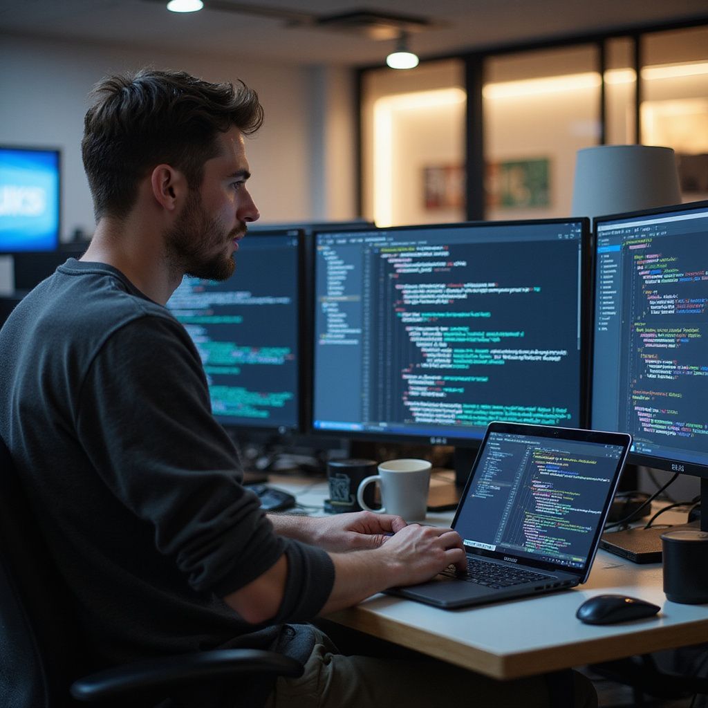 Man coding on laptop and multiple monitors in office.