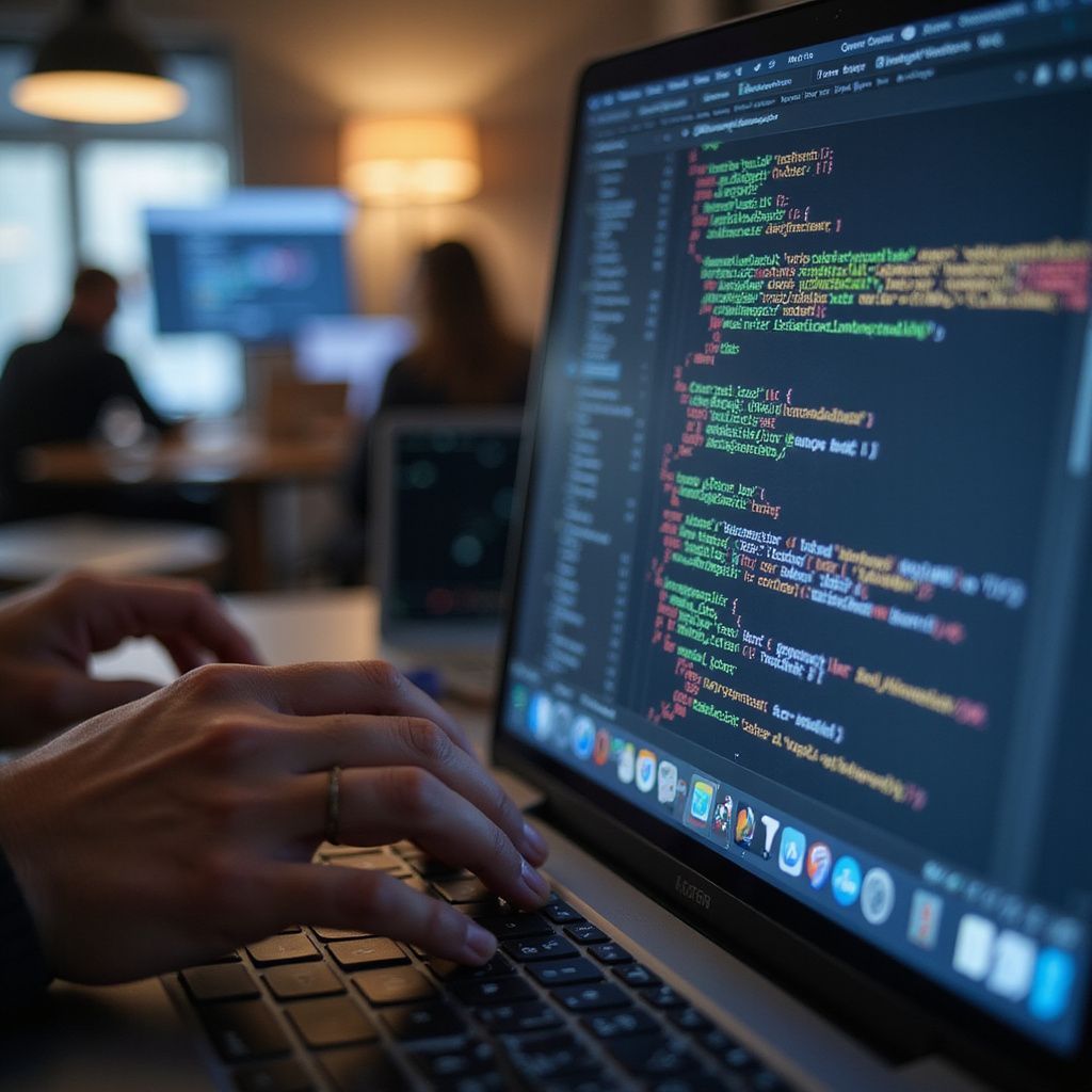 Person coding on a laptop, with visible code on the screen, in a dimly lit office setting.