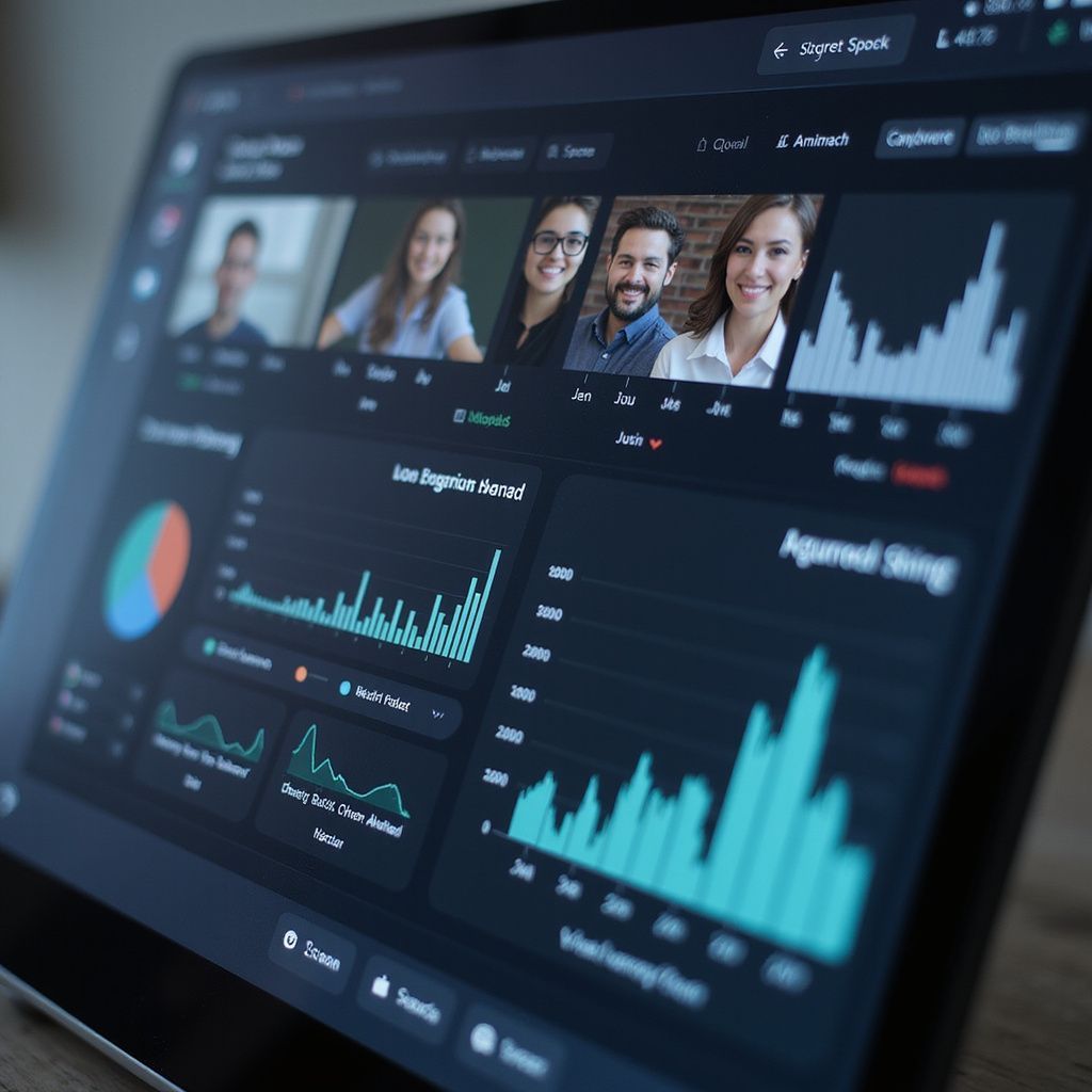 Laptop screen showing a video conference with four participants and data visualizations in teal and black.