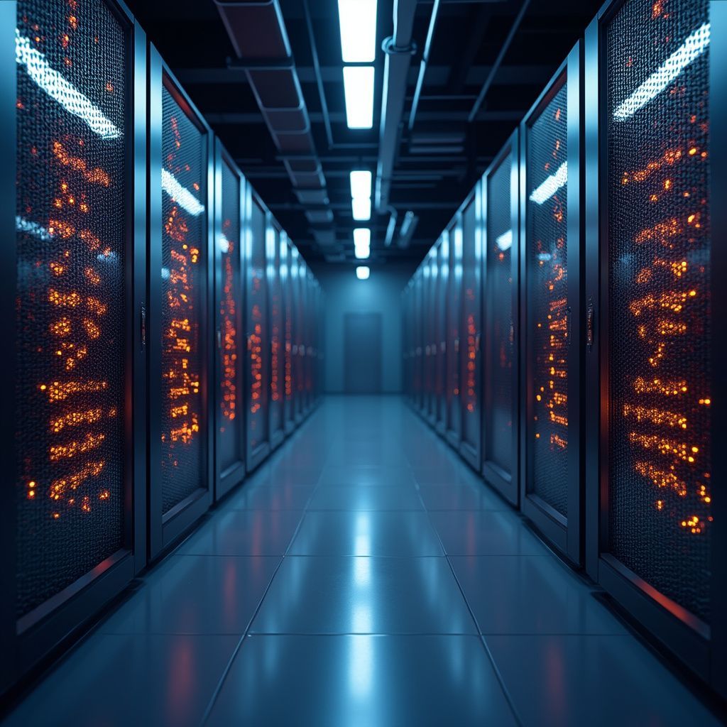 Server room with rows of glowing server racks, cool blue lighting.