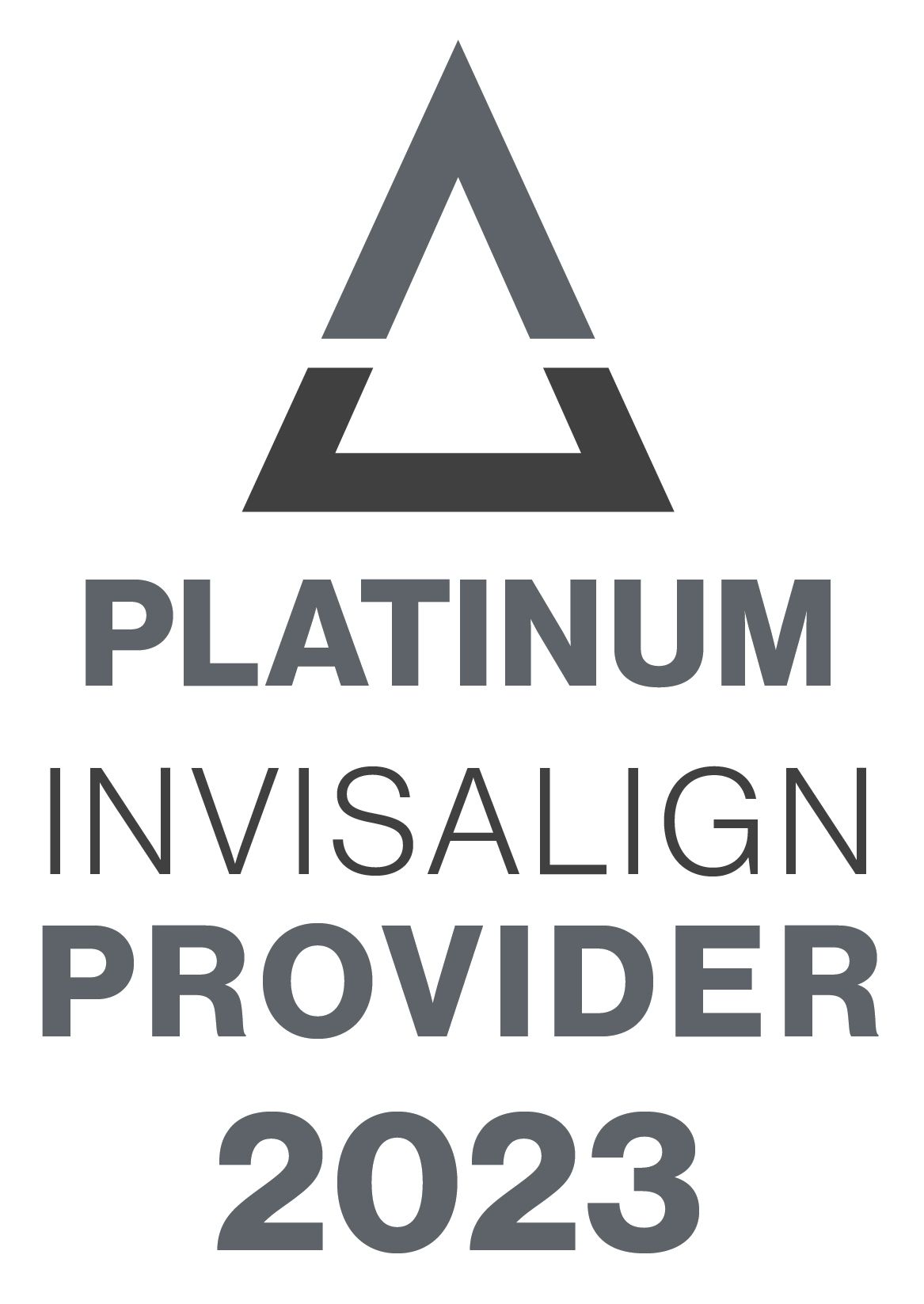 Platinum Invisalign Provider 2023 badge with a triangle logo in gray.