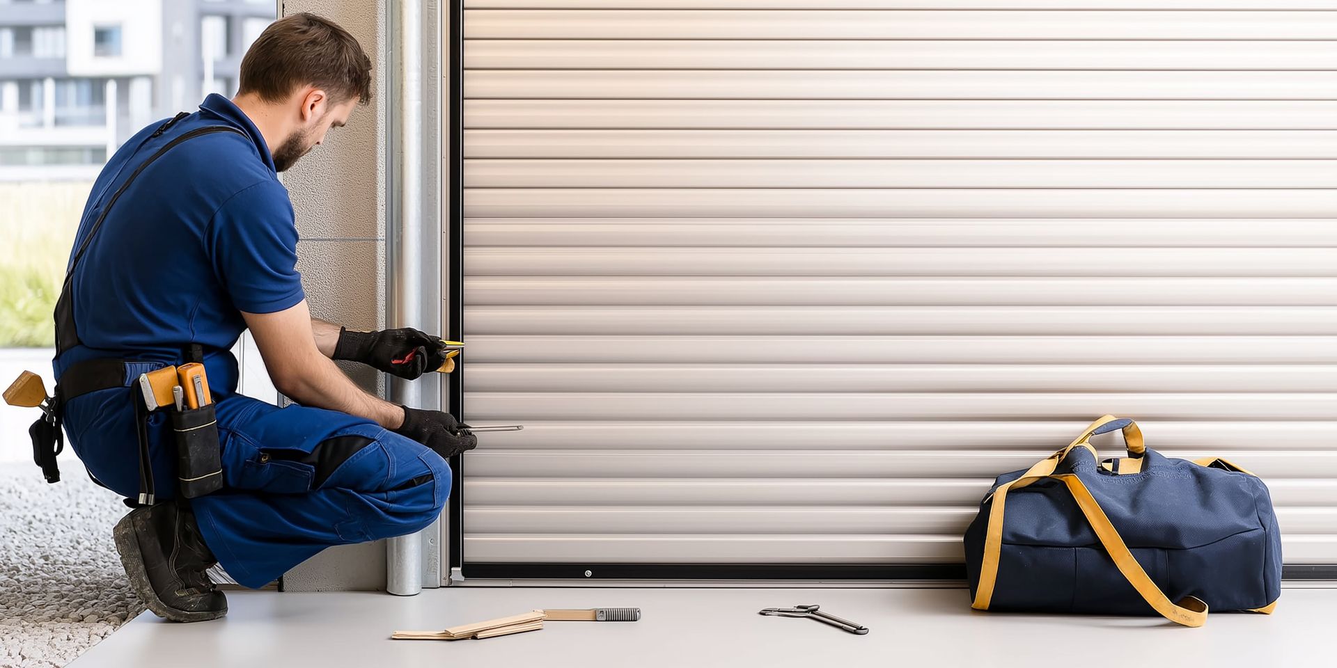 Worker repairing a garage door beside tools and a blue tool bag on the floor.