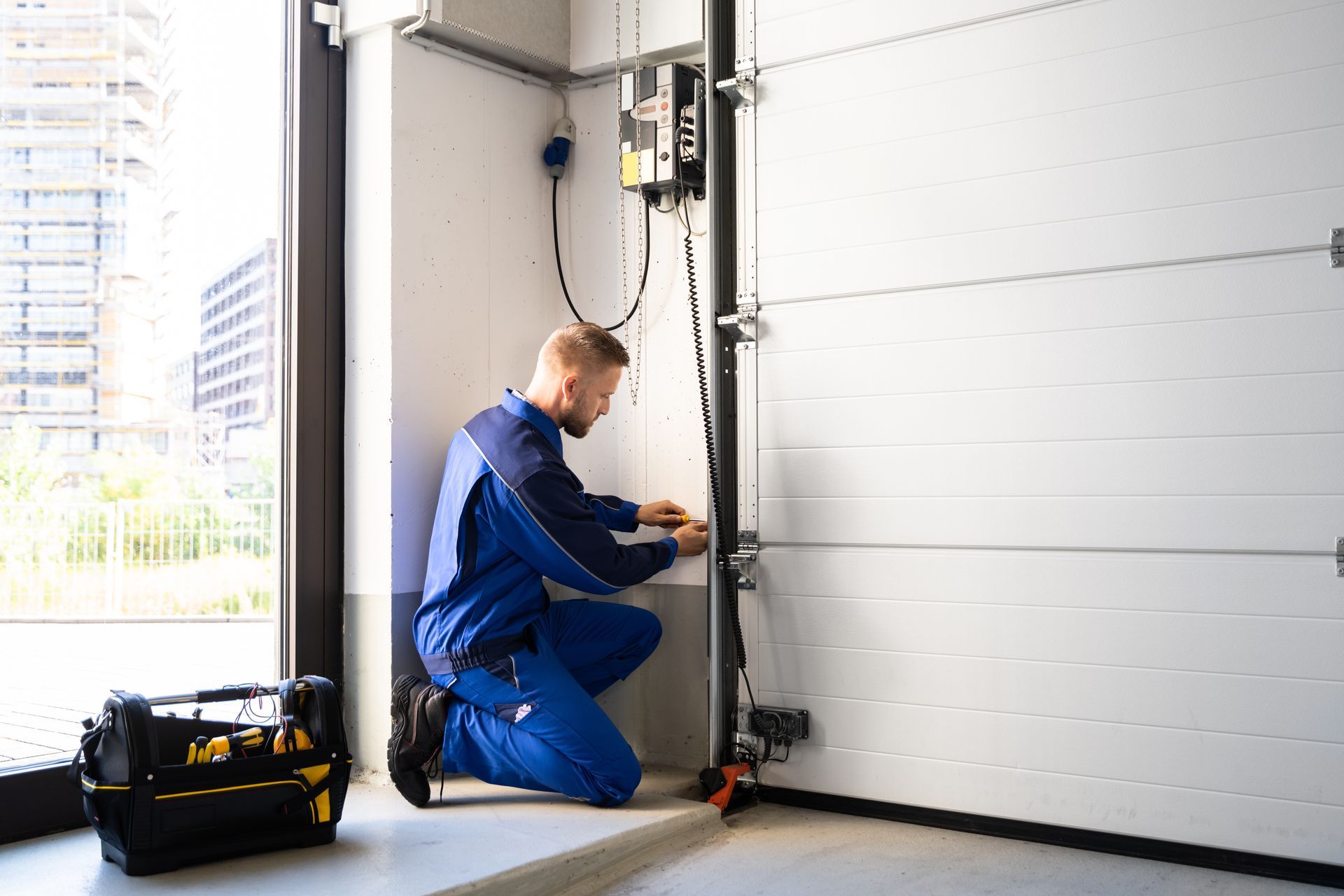 A technician kneeling to repair and test a garage door opener system inside a workshop.