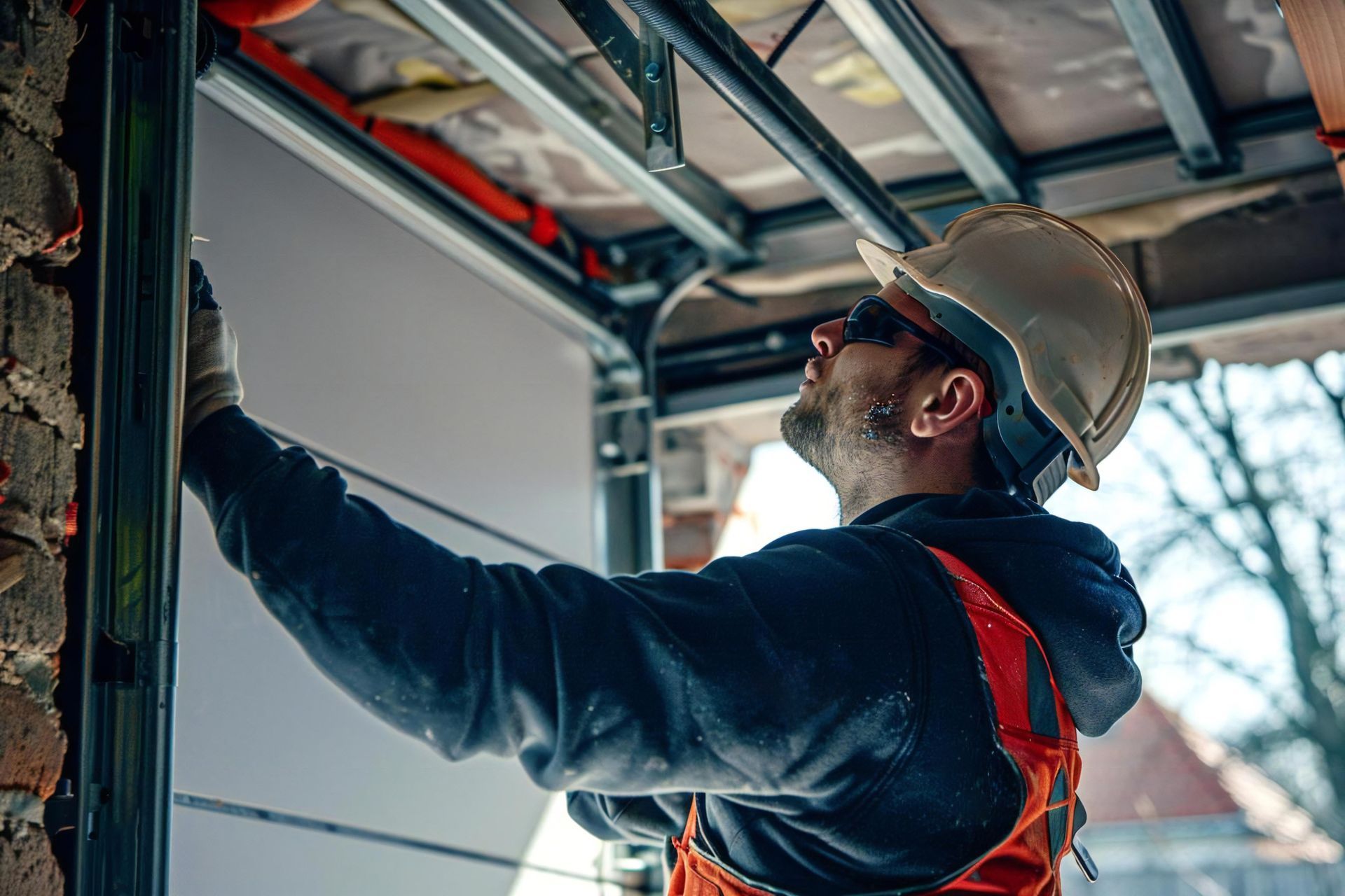 Construction worker installing or adjusting a garage door mechanism indoors. Construction worker installing or adjusting a garage door mechanism indoors.