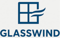 Logotipo de Glasswind: ventana cuadrada azul con símbolo de viento sobre el texto