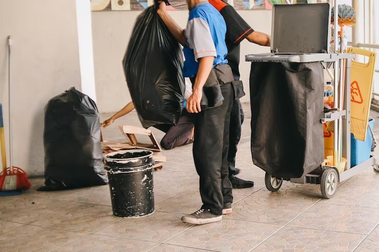 Cleaning crew emptying trash cans into black bags; rolling cart on the right.