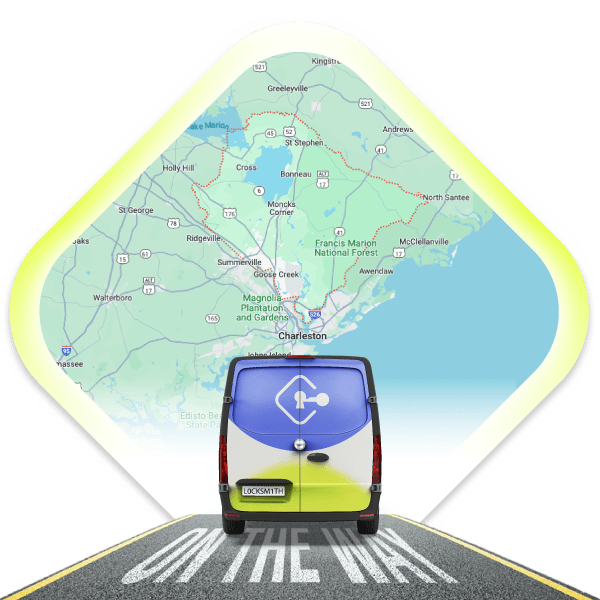 A Local Mobile Locksmith Van Is Driving On A Road With A Map Of Berkeley County, South Carolina, In The Background.