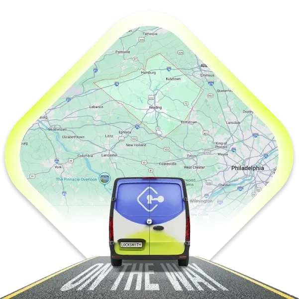 A Local Mobile Locksmith Van Is Driving On A Road With A Map Of Berks County, Pennsylvania, In The Background.