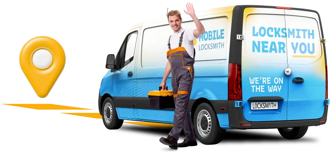 Joyful Mobile Locksmith With Toolbox Beside Branded 'Locksmith Near Me' Van. Joyful Mobile Locksmith With Toolbox Beside Branded 'Locksmith Near Me' Van.