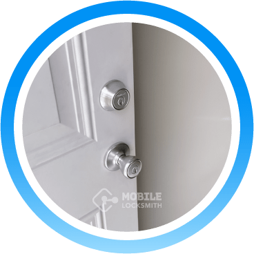 White House Door Featuring A Shiny Silver Deadbolt And Doorknob.