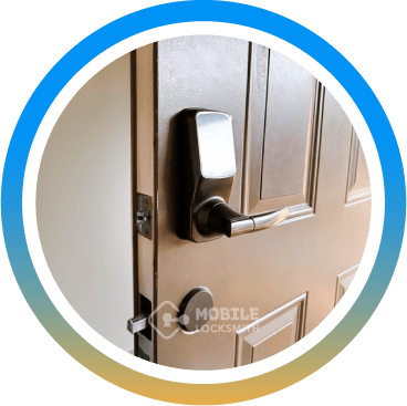 Close-Up Of A Wooden Door With A Modern Electronic Keypad Lock And A Silver Lever Handle.