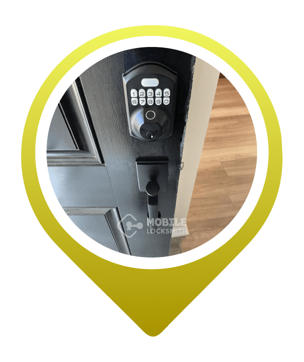 A Stainless Steel Smart Lock And Handle Set Mounted On A Vibrant Blue Wooden Door.