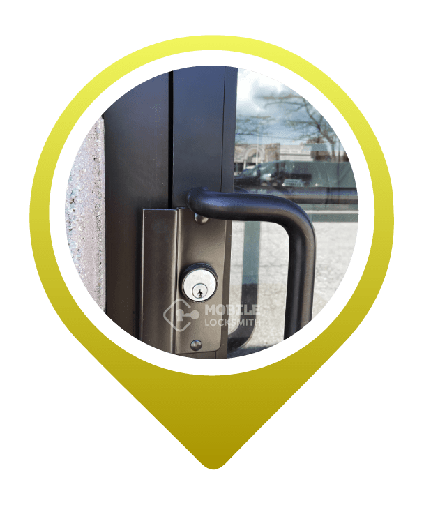Close-Up: Polished Stainless Non-Handed Center Lock Featuring Storefront Deadbolt Lock.